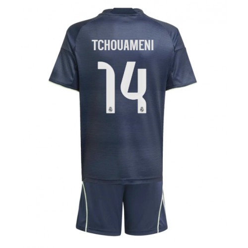 Stroje piłkarskie Real Madrid Aurelien Tchouameni #14 Koszulka Wyjazdowej dla dzieci 2025-26 Krótki Rękaw (+ szorty)